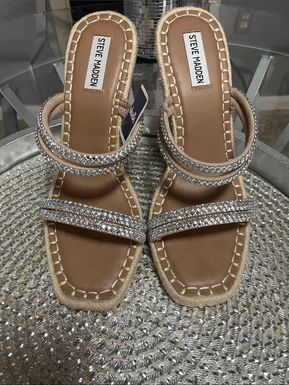 Steve Madden Espadrille Wedge Rhinestone embellished Double-Strap Slide Sandals